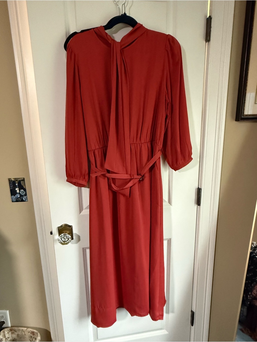 Ann Taylor Rust Red Long Sleeve Midi Dress with Tie Neck 14 w/belt